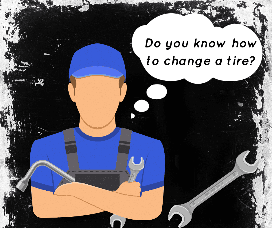 Mechanic image with speech bubble. "Do you know how to change a tire?"